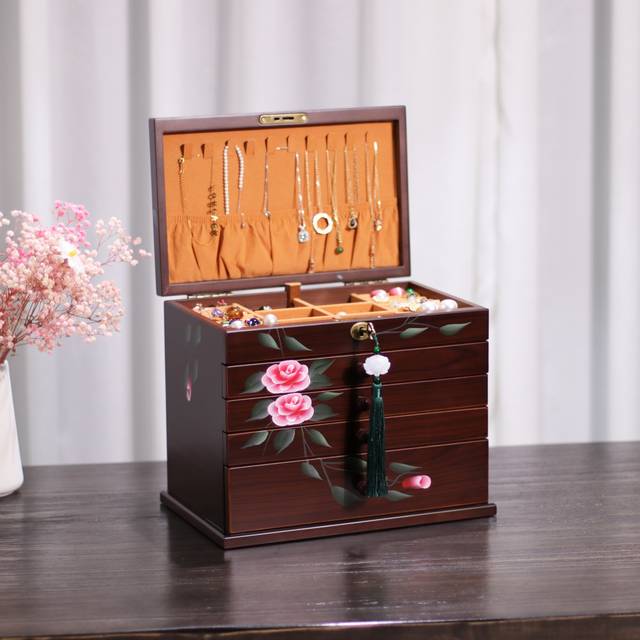 TEMU Vintage-inspired Solid Wood Jewelry Organizer With Lock - , Large Capacity Storage For Necklaces, Earrings, - Ideal Gift For Her
