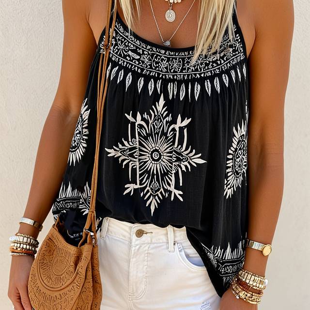 TEMU Women's Boho Chic Summer Tank Top - Black Floral Print Sleeveless Cami With Fringe Detail, Lightweight Polyester For Vacation & Casual Outfits, Beach Coverup | Floral Print Top | Polyester Fabric