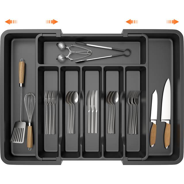 TEMU Cutlery Tray Plastic Drawer Organiser Expandable From 33 X 38cm To 57 X 38cm, 5cm Depth, Waterproof Utensil And Silverware Holder 6 To 8 Separate Slots For Kitchen, Bedroom, Office