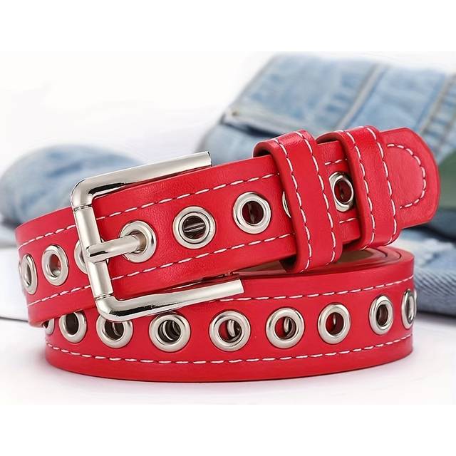 TEMU Women's Pu Leather Belt With , Preppy , Non-punch Pin , Fashionable Hollowed-out Waistband For Jeans And Weekend Casual Wear