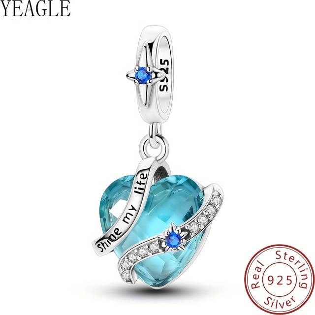 TEMU 925 Sterling Silvery Heart Of Aquamarine Pendant Charms Beads Women's Fashion Bead Charms Suitable For Snake Bracelets Diy Jewellery Making The Holidays And Give To !