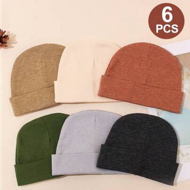SHEIN 6pcs/Set 0-3M Newborn Solid Color Knitted Hat Set, Suitable For Daily Wear In Autumn/Winter, Baby Beanies