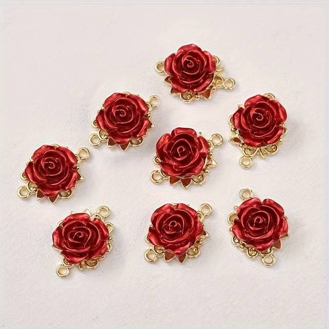 TEMU 8pcs Red & Golden Resin Rose Flower Charms With 5- & For Jewelry Making Diy Necklace Earrings Keychain Accessories, Jewelry Making Charms