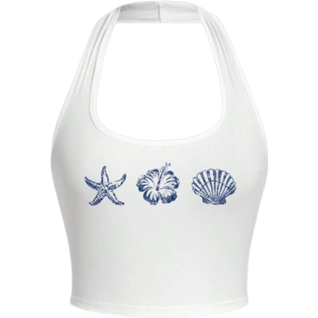 SHEIN Women&#39;s Casual Backless Fitted Halter Neck Camisole Tank Top, Summer Beach Print Designs: Seashell, Starfish, Hibiscus Flower