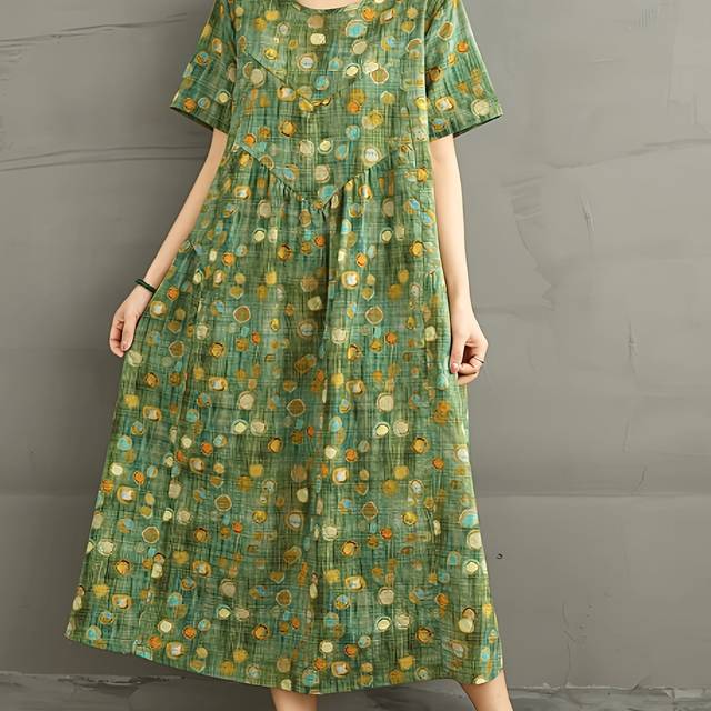 TEMU Women's Boho Style Linen Dress - Short Sleeve, A-line, Floral Print, Relaxed Fit, Round Neck, Pocket Detail, Casual Summer Dress|floral Print Dress|boho