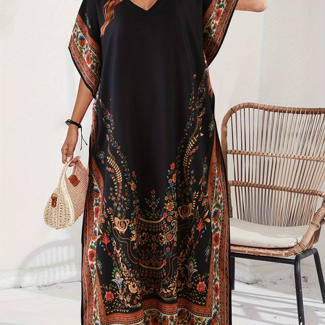 TEMU Women's Middle Eastern Abaya, Casual V-neck Floral Print Loose Fit Maxi Dress, Polyester, Non-stretch, Split Hem, Woven, , Traditional Clothing