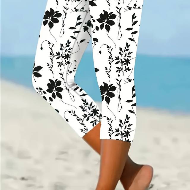 TEMU Women's Elegant Floral Print Cropped Leggings - Black & White , Knee-length, Machine Washable, Spring/summer/fall, Floral Print Pants, Casual Beachwear, Nontransparent Fabric