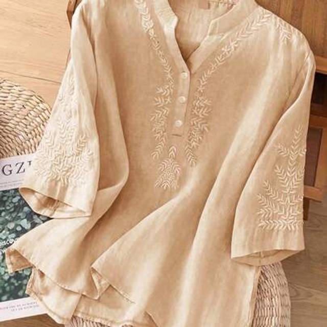 SHEIN Women&#39;s Solid Color Casual Loose Fitting Embroidery Linen Blouse, Spring/Summer