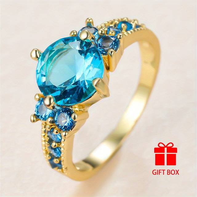 TEMU Holiday , Elegant Synthetic Zirconia Copper Ring, Round Cut With Golden-tone Accents And Diamond Side Stones - Ideal For Weddings, Parties, And , Includes Gift Box