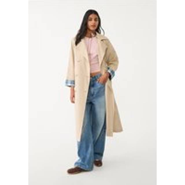 Stradivarius Long check trench coat with turn-up detail Stone XL