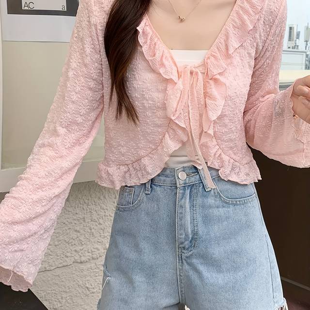TEMU Adorable Solid Color Shawl Collar Lace Trim Thin Tie-back Long Sleeve Chiffon Blouse Chic Summer Women's Top For Casual