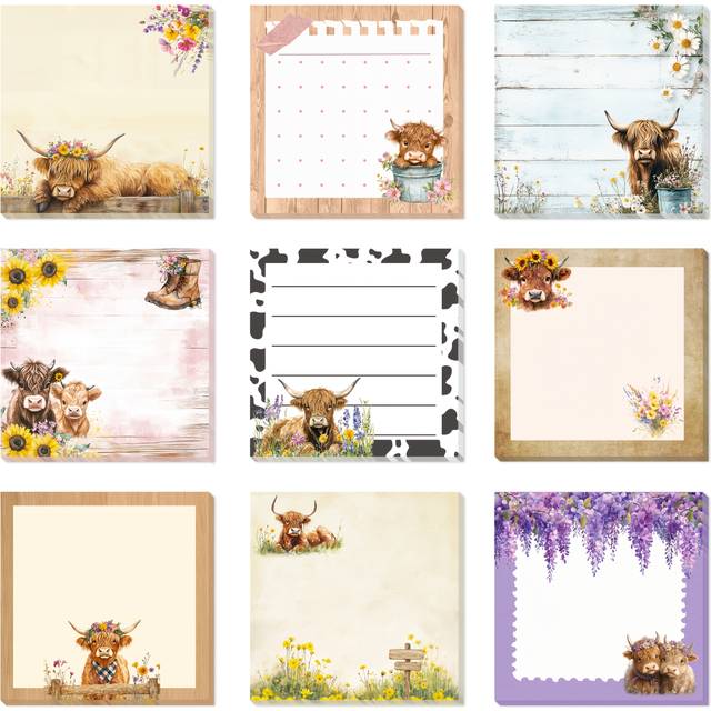 TEMU Highland Cow Sticky Notes Set - 9 Pack Highland Cow Sticky Notepad Sticky Notes 3"x3" Highland Cow Adhesive Memo Pad Gifts Office Home Cow Print School Supplies 450 Sheets