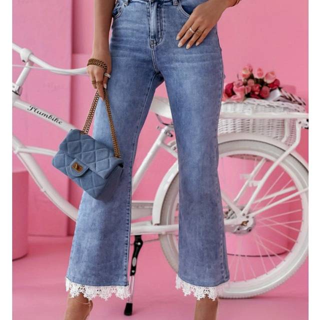 TEMU Women's High-waist Slim Fit Flared Jeans With Lace Trim - Casual Light Blue Denim Bell Bottoms, Straight Leg, Machine Washable, Style