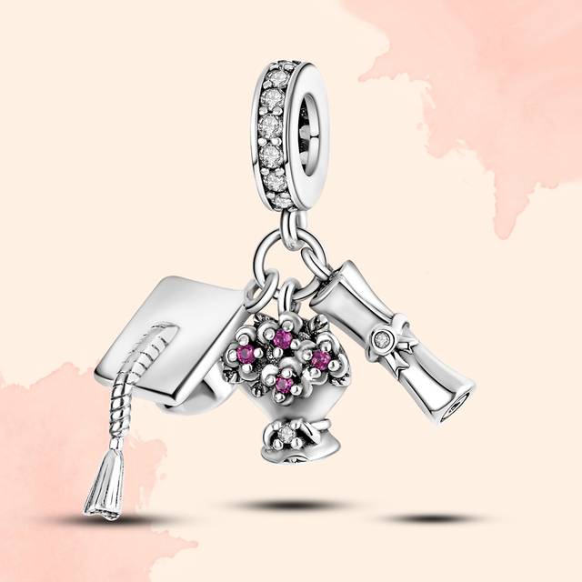 TEMU Vintage Graduation Gift Beaded Charm, 925 Silver Plated Copper, With Pink Floral Cap And Pendants, Synthetic Zirconia, For Daily And Party Occasions