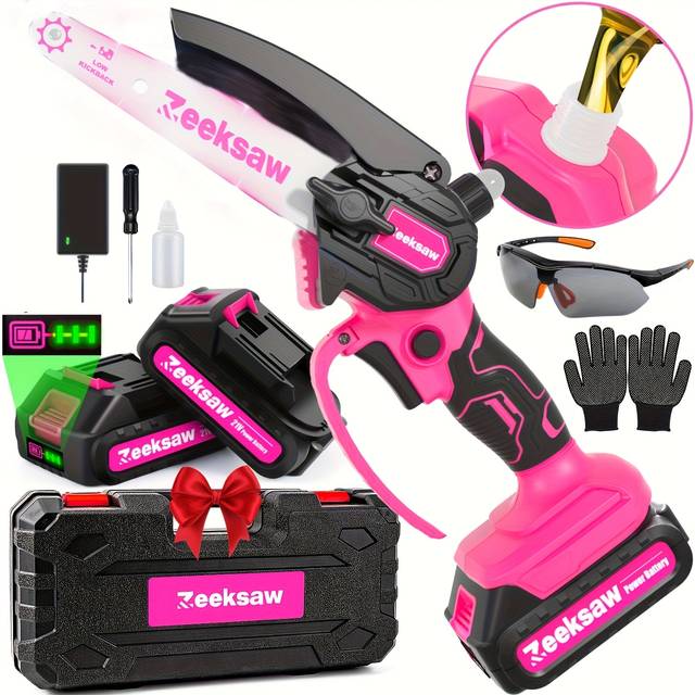 TEMU [machine Only]mini Chainsaw Cordless 6 Inch, Handheld Chain Saw With 2*2.0ah Battery, Small Chainsaw With Auto Oiler System & Security Lock For Women, Yard Gardening Gift