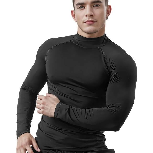 TEMU Men's Thermal Long Sleeve Shirt - High-elasticity Muscle Support Base Layer, Workout Top For Gym, Running, Yoga & Outdoor Sports - Solid Color Athletic Shirt