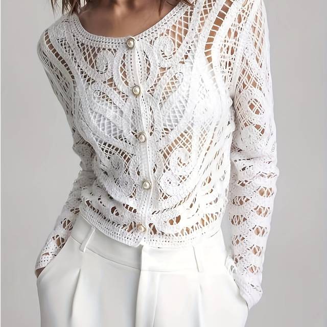 TEMU Women's Elegant Lace Cardigan - White, Long Sleeve, Tribal Pattern, Summer Style, Button-up, Casual Wear, Casual Wear|tribal Pattern Top|elegant Knitwear