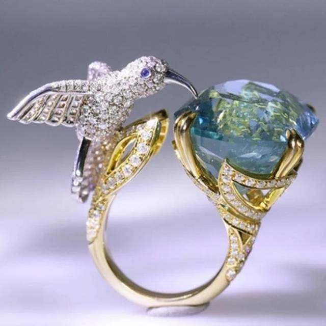 TEMU Luxury Hummingbird Blue Aquamarine Ring, , Vintage Style, 14k Golden Plated, Synthetic Cubic Zirconia, And Gift, Women's Fashion Jewelry