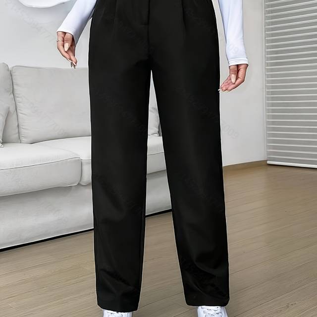 TEMU Women's High-waist Black Pleated Straight-leg Slim-fit Casual Pants