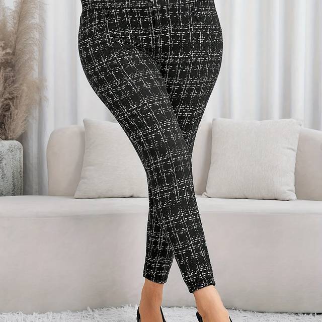 TEMU Plus Size Elegant Leggings For Women, Polyester Knit Fabric With Medium Stretch, Fit, With Button Detail