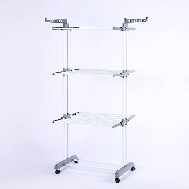 Clothes Drying Rack 3 Tier Movable Foldable Clothing Drying Stand Strong Load Bearing Clothes Tower grey