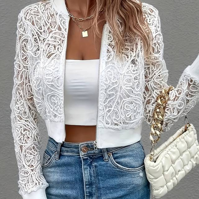 TEMU Elegant Long-sleeve Women's Jacket With Lace Ribbed Zipper And Baseball Collar