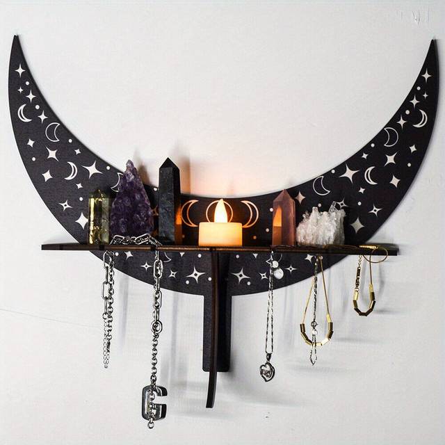 TEMU Bohemian Wooden Wall Shelf With Star Cutouts For Crystal Display, Candlestick, And Jewelry Decor – Black Wooden Half-moon Design For Mystical , Moon Decor