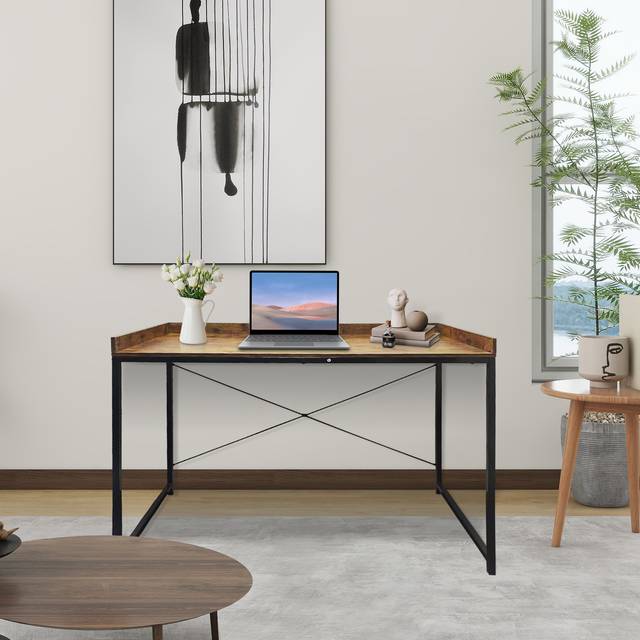 TEMU Wood And Metal Frame Computer Desk, 110cm, Fashion And Convenient, Waterproof, Anti-dropping Design, Line Organization, Rustic Brown And Black
