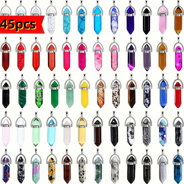 TEMU 45pcs Colorful Hexagonal Synthetic Artificial Crystal Pendant Set - Making With Natural Gemstone Charms, Suitable For Necklaces And Bracelets