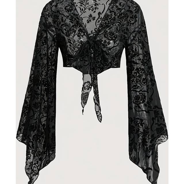 TEMU Women's Elegant Semi-sheer Mesh Cardigan - Open Front Black Spring Layering Piece With Open Collar, Hand Wash Only, Special Collection, Semisheer Clothing, Fabric
