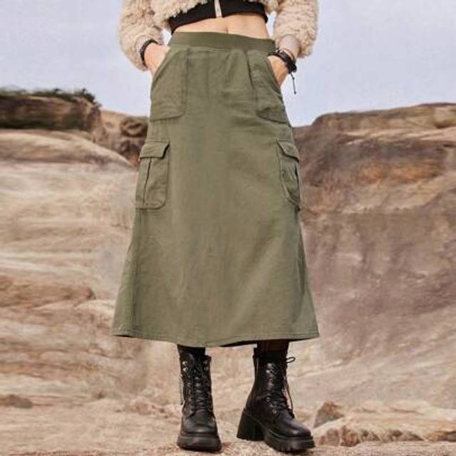 SHEIN 1pc Girls & Teenagers Casual Retro Pocket Outdoor Vacation A-Line Skirt, Spring/Summer/Autumn