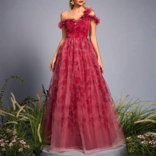 SHEIN Mgiacy New Arrival One Shoulder Romantic Bridesmaid Dress Lace Up Printed Mesh Long Dress