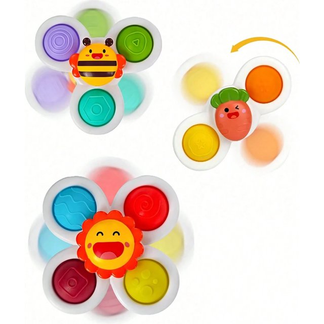 SHEIN 3pcs/Set Suction Cup Rotatable Gyro Spinner Toy, Teether, Stress Relief, Rattle, Tabletop, Bathtime Toy, Kids Gift, School Supplies, Halloween Decor,