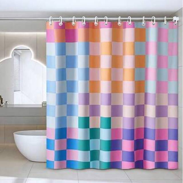 SHEIN 1pc 100% Polyester Retro Plaid Fabric Shower Curtain, Heavy Duty Waterproof Bright Rainbow Colorful Modern Minimalist Stylish Bathroom Decoration Set