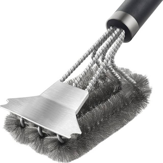TEMU 1pc Stainless Steel Bbq Brush With Durable Metal Bristles & Ergonomic Black Handle - Triangular Head For Efficient Cleaning & Maintenance Of Grills And Outdoor Cooking Surfaces, Grill Accessories