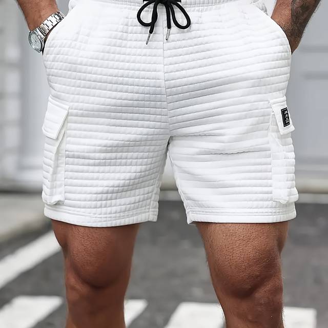 TEMU Men's Summer Fashion Waffle Elastic Breathable Casual Shorts, With Workwear Pockets And Drawstring Design, Are Casual Wear, Outdoor Sports, Running And Street Fashion Shorts