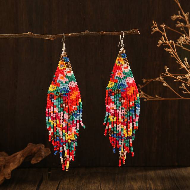TEMU Handmade Flower Pattern Beads Tassel Drop Earrings Vintage Boho Dangle Earrings Personality Decor For Women 1pair