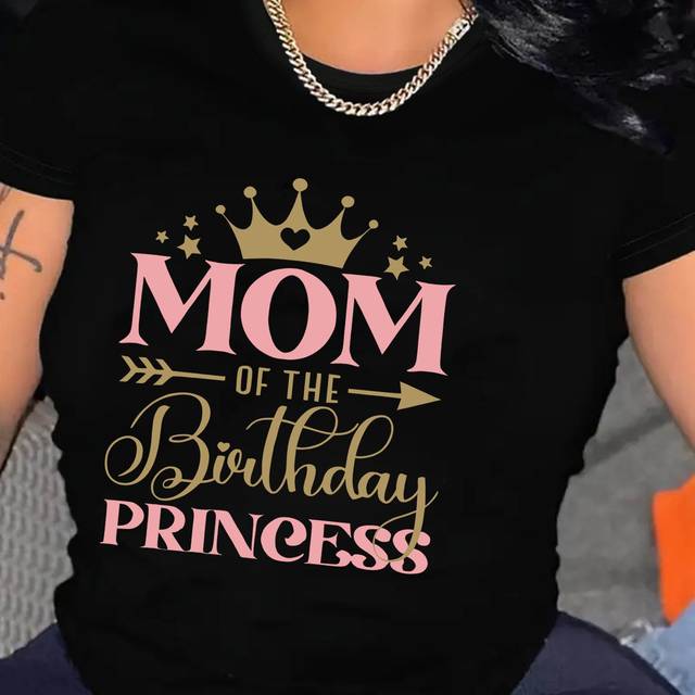 TEMU Women's "mom Of The Birthday Princess" Graphic Tee - Casual Round Neck Short Sleeve T-shirt With Crown & , Olive Green, Spring &