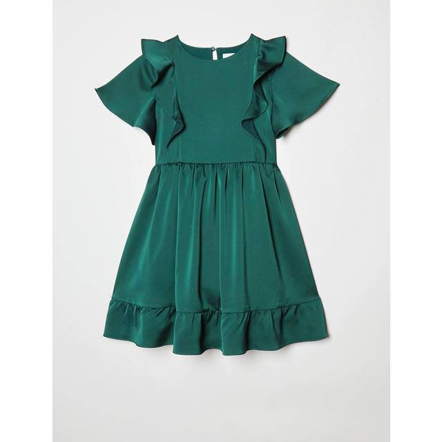 Girls Ruffle Satin Back Crepe Dress - Green - 11-12 Years