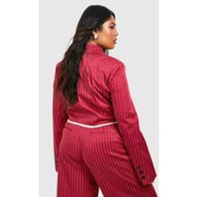 Womens Plus Raw Edge Stripe Cropped Blazer - Red - 26, Red