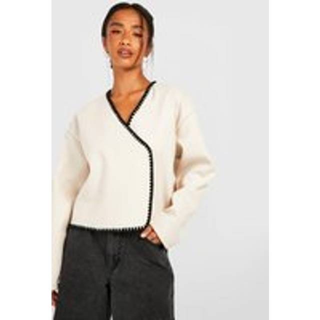 Womens Petite Contrast Stitch Wool Look Boxy Jacket - White - 6, White