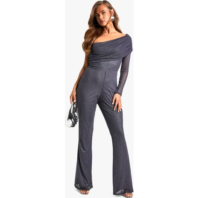 Womens Glitter Mesh Bardot One Shoulder Jumpsuit - Grey - 14, Grey