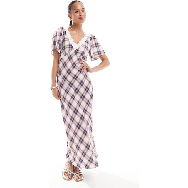 Women's Cream Check Pattern Lace Trimmed Midi Dress New Look - UK 6