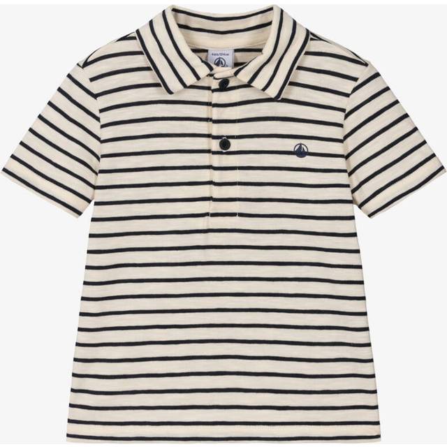 Petit Bateau Boys Ivory & Navy Blue Breton Stripe Cotton Polo Shirt - 5 year