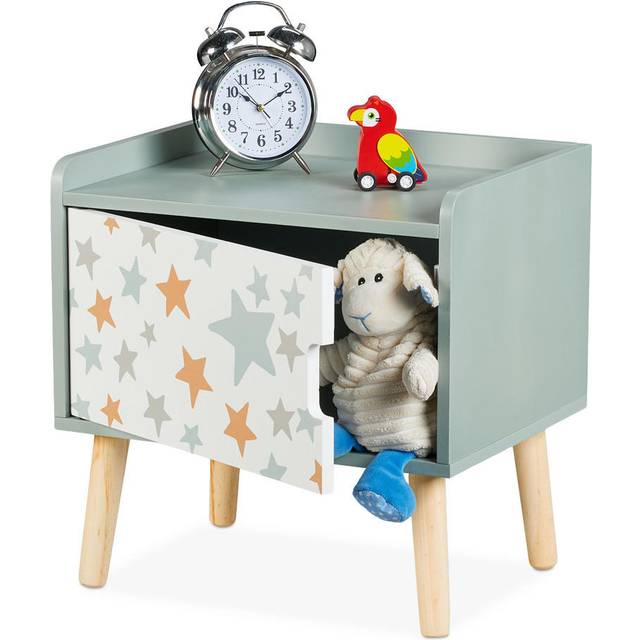 Relaxdays - Children's Bedside Table, Stars, Kids Nightstand with Cupboard, hwd 41x40x30 cm, Wood & mdf, White/Green
