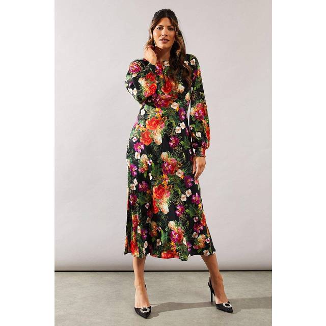 Wallis womens midi dress black floral satin long sleeve fit flare