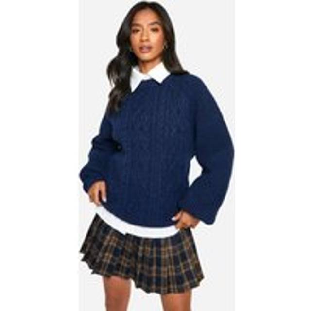 Womens Petite Cable Knit Oversized Crew Neck Jumper - Navy - L