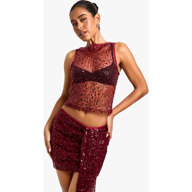 Womens Sequin Sheer Racer Vest - Malbec - 14