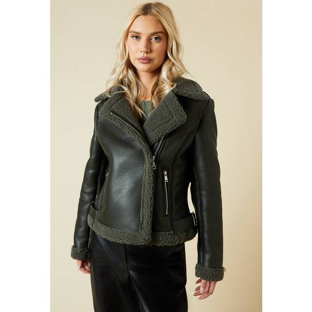 Womens Khaki Faux Leather Short Aviator Jacket - 8