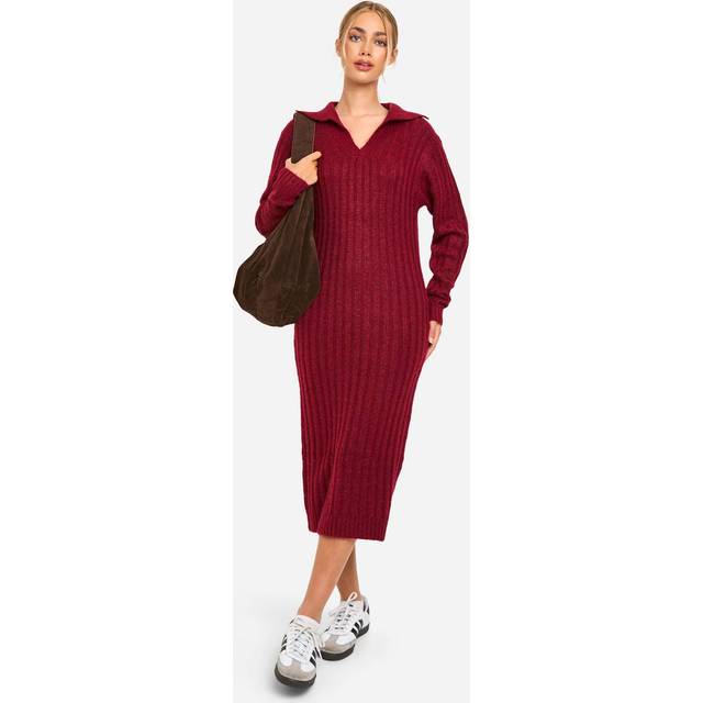 Womens Soft Knit Thick Rib Collar Detail Midaxi Dress - Red - L